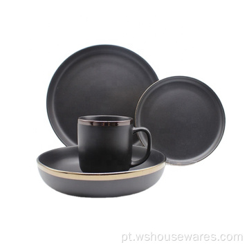 Luxuoso conjunto de utensílios de grés preto com borda dourada